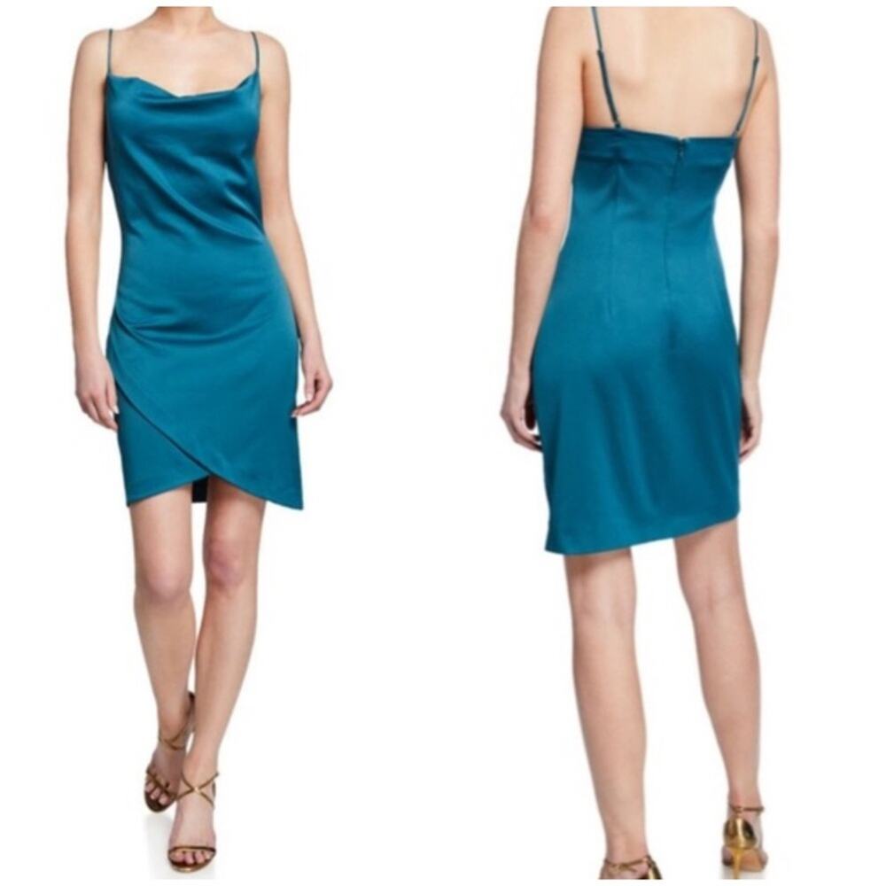 Elliatt Backstage Cowl-Neck Teal Satin Mini Slip Dress